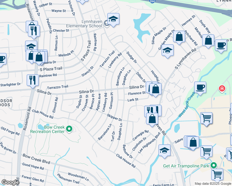 map of restaurants, bars, coffee shops, grocery stores, and more near 405 Barcelona Lane in Virginia Beach
