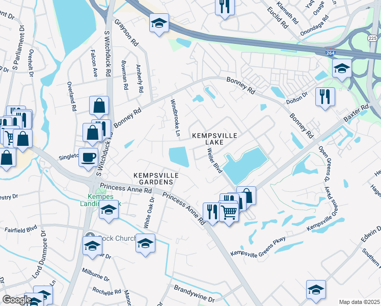 map of restaurants, bars, coffee shops, grocery stores, and more near 307 Paxford Drive in Virginia Beach