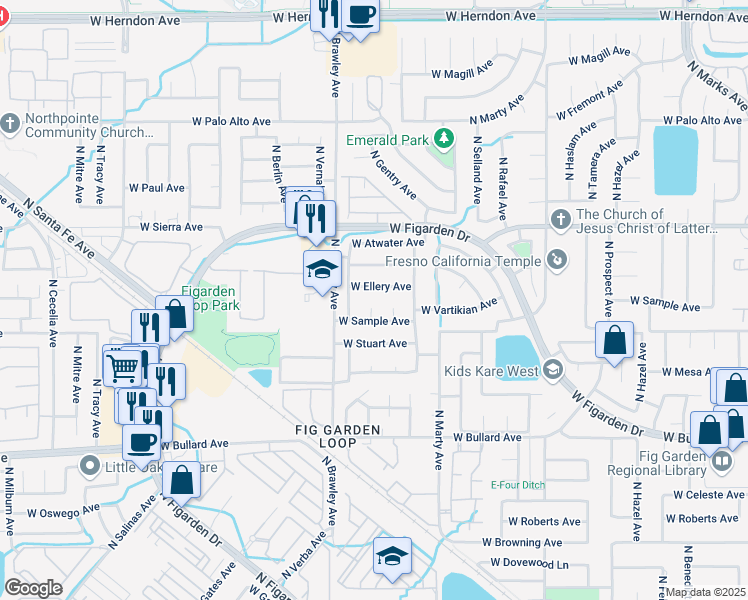 map of restaurants, bars, coffee shops, grocery stores, and more near 3712 West Ellery Avenue in Fresno