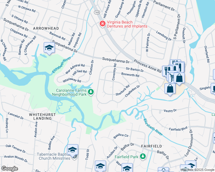 map of restaurants, bars, coffee shops, grocery stores, and more near 5408 Coventry Circle in Virginia Beach