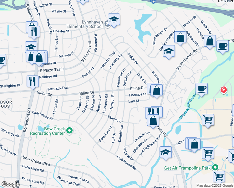 map of restaurants, bars, coffee shops, grocery stores, and more near 405 Barcelona Lane in Virginia Beach