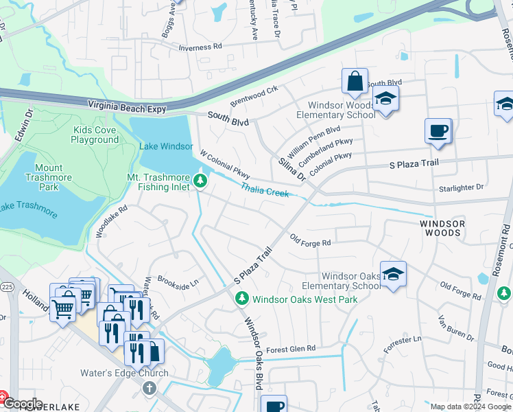 map of restaurants, bars, coffee shops, grocery stores, and more near 3932 Old Forge Road in Virginia Beach