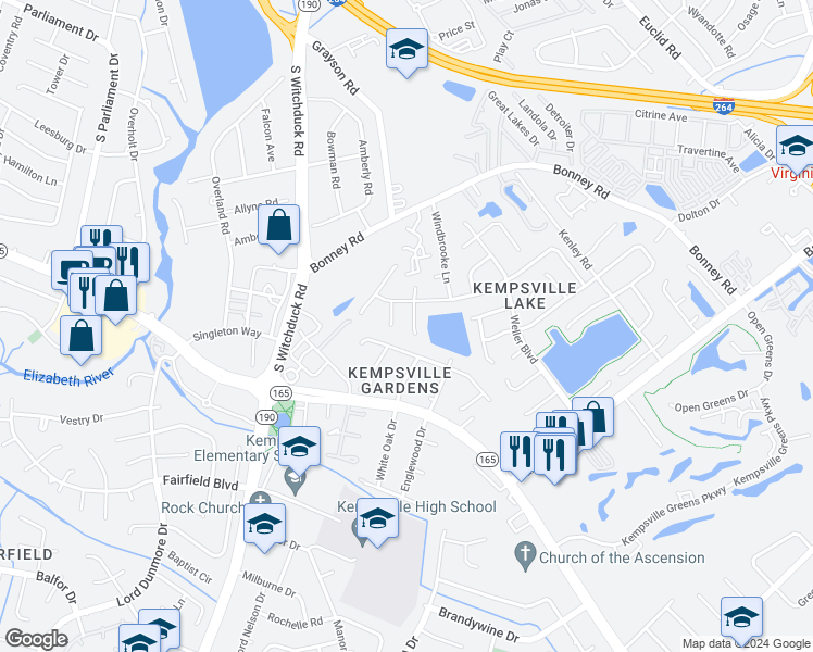 map of restaurants, bars, coffee shops, grocery stores, and more near 321 Elderwood Court in Virginia Beach