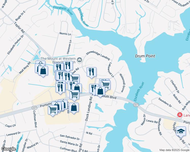 map of restaurants, bars, coffee shops, grocery stores, and more near 2349 Meadows Landing in Chesapeake