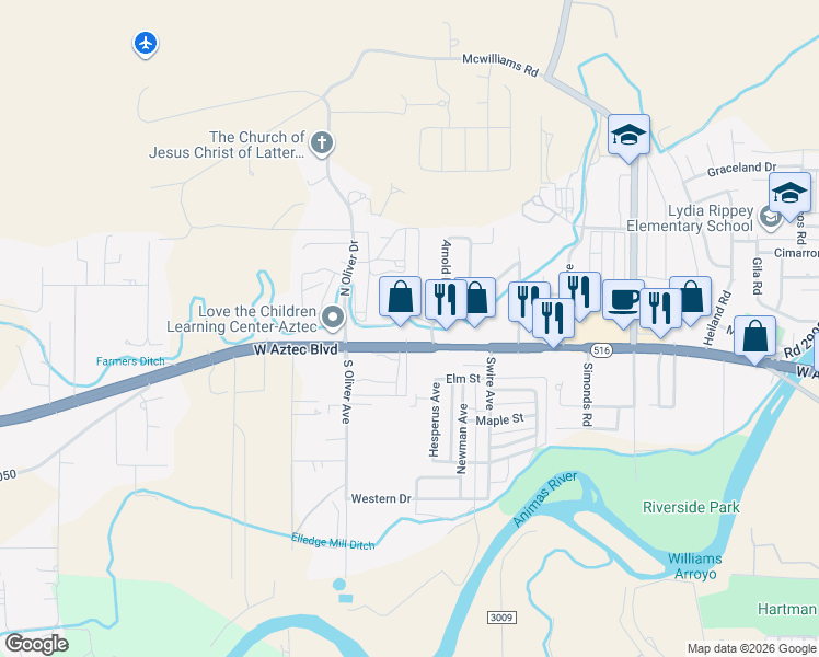 map of restaurants, bars, coffee shops, grocery stores, and more near 1813 West Aztec Boulevard in Aztec