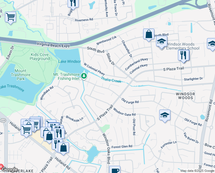 map of restaurants, bars, coffee shops, grocery stores, and more near 3932 Old Forge Road in Virginia Beach