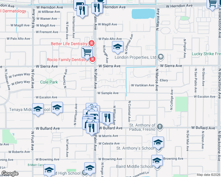 map of restaurants, bars, coffee shops, grocery stores, and more near 6300 North Palm Avenue in Fresno