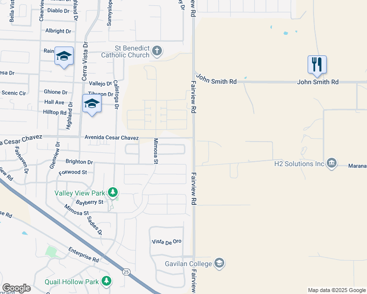 map of restaurants, bars, coffee shops, grocery stores, and more near 2141 Wildflower Drive in Hollister