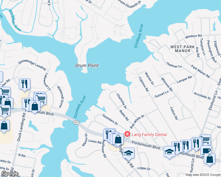map of restaurants, bars, coffee shops, grocery stores, and more near 448 Robin Road in Portsmouth