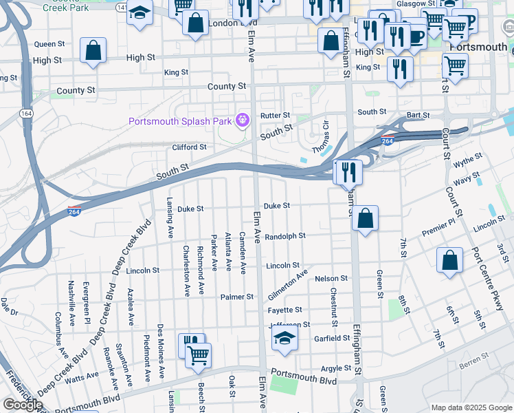 map of restaurants, bars, coffee shops, grocery stores, and more near Elm Ave & Duke St in Portsmouth