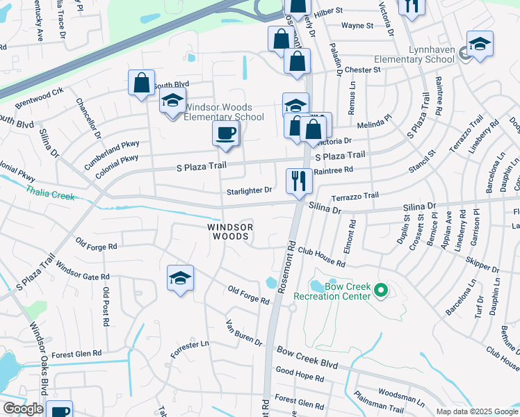 map of restaurants, bars, coffee shops, grocery stores, and more near 3637 Silina Drive in Virginia Beach