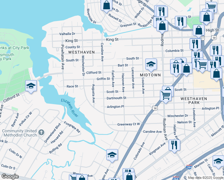 map of restaurants, bars, coffee shops, grocery stores, and more near 4200 Scott Street in Portsmouth