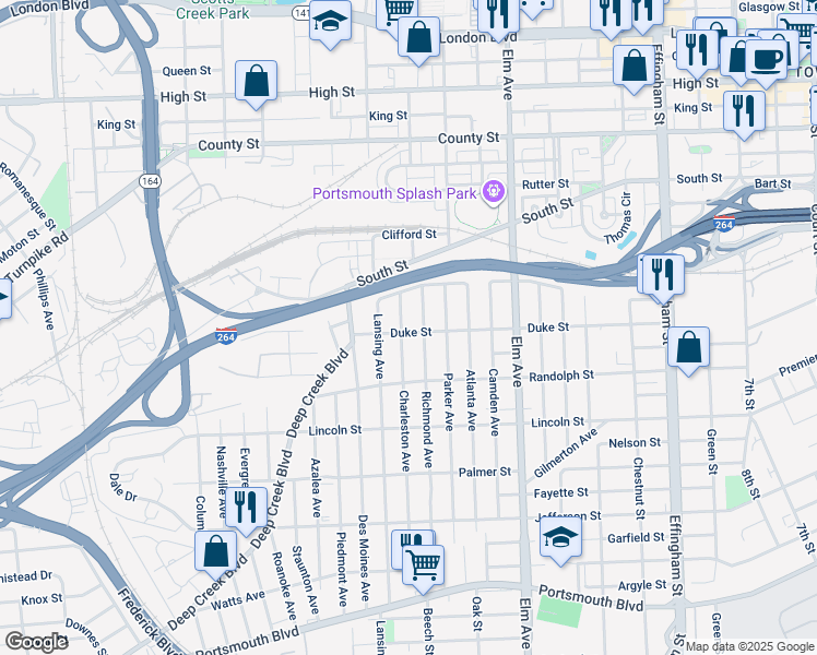 map of restaurants, bars, coffee shops, grocery stores, and more near 1429 Charleston Avenue in Portsmouth