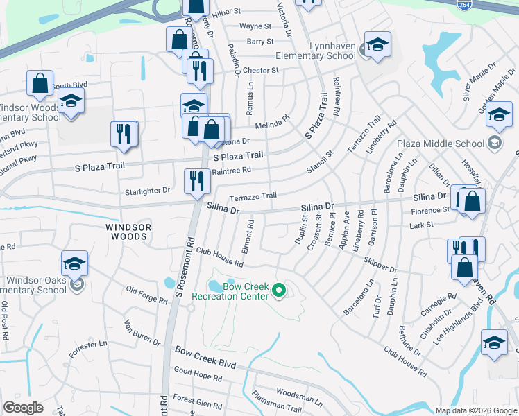 map of restaurants, bars, coffee shops, grocery stores, and more near 3509 Terrazzo Trail in Virginia Beach