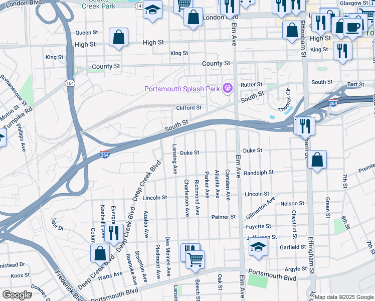 map of restaurants, bars, coffee shops, grocery stores, and more near 1429 Charleston Avenue in Portsmouth
