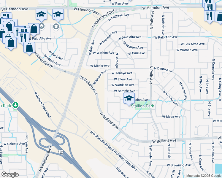 map of restaurants, bars, coffee shops, grocery stores, and more near 5796 West Vartikian Avenue in Fresno