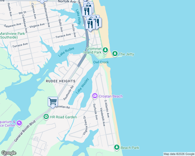 map of restaurants, bars, coffee shops, grocery stores, and more near 501 Virginia Dare Drive in Virginia Beach