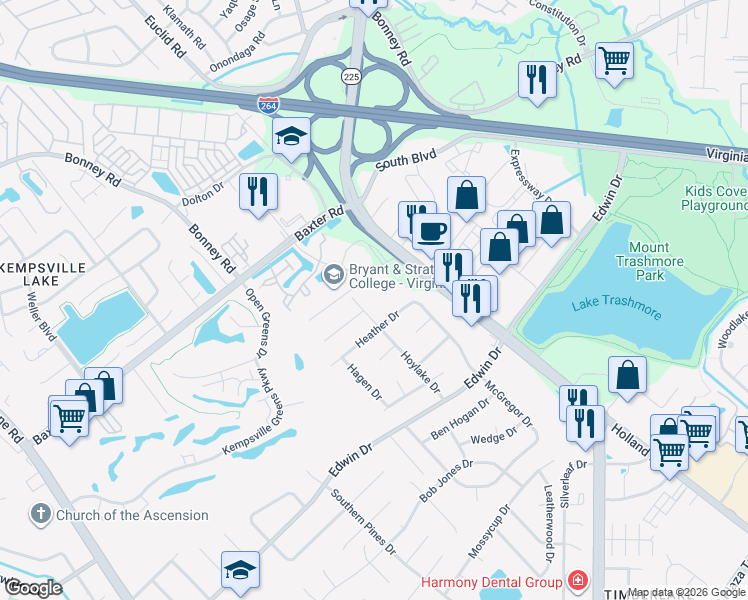 map of restaurants, bars, coffee shops, grocery stores, and more near 4649 Keener Lane in Virginia Beach