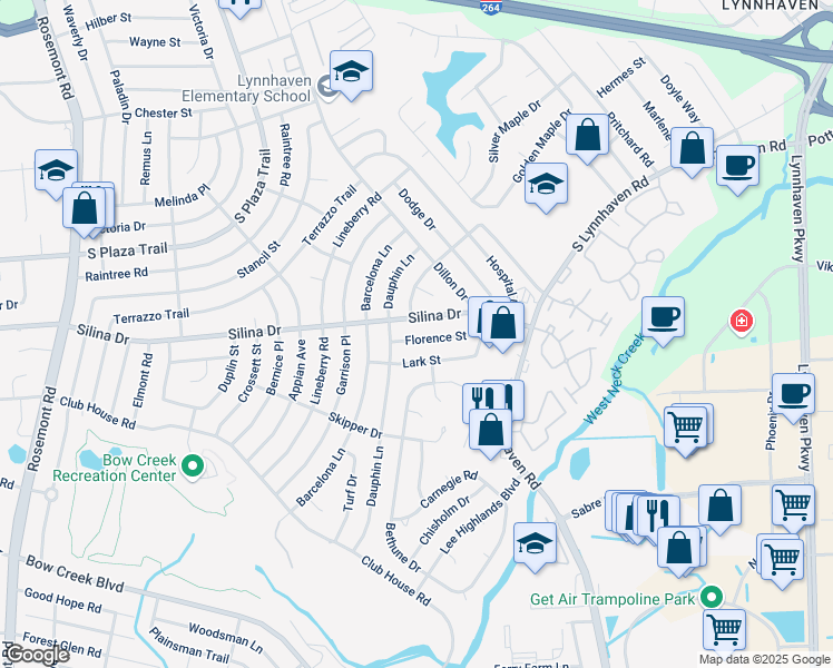map of restaurants, bars, coffee shops, grocery stores, and more near 3225 Silina Drive in Virginia Beach