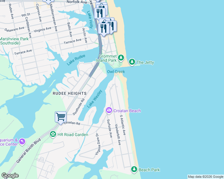 map of restaurants, bars, coffee shops, grocery stores, and more near 501 Virginia Dare Drive in Virginia Beach