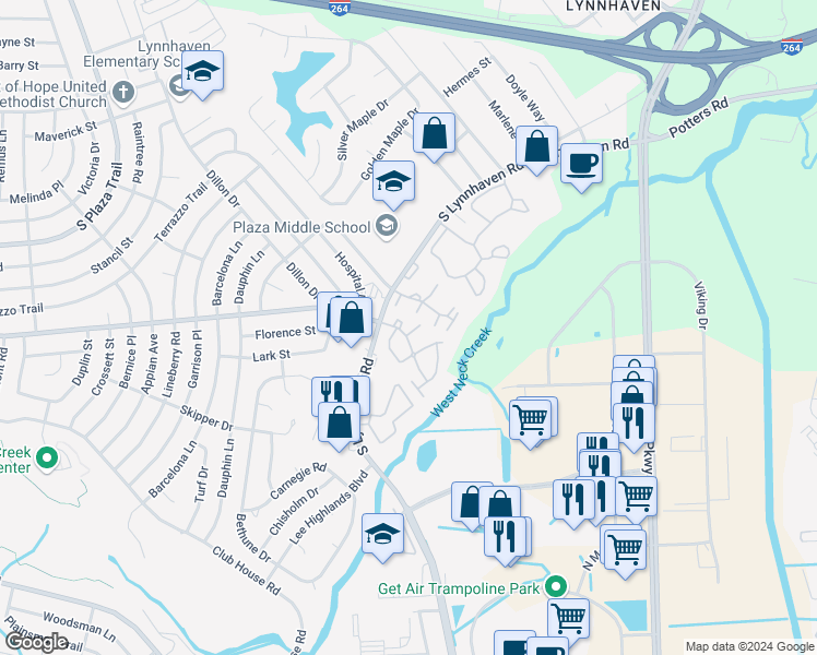 map of restaurants, bars, coffee shops, grocery stores, and more near 526 Abbot Muse in Virginia Beach