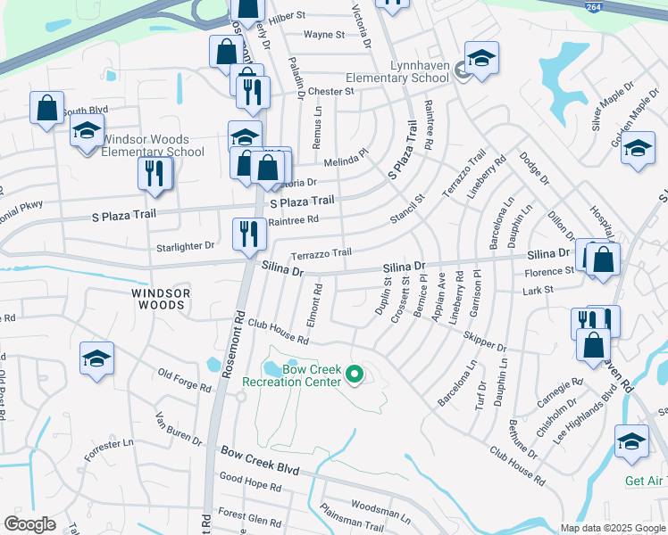 map of restaurants, bars, coffee shops, grocery stores, and more near 3504 Silina Drive in Virginia Beach