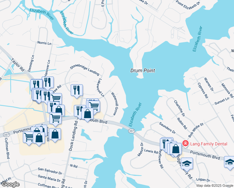 map of restaurants, bars, coffee shops, grocery stores, and more near Millgrove Court in Chesapeake