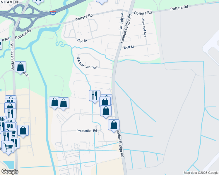 map of restaurants, bars, coffee shops, grocery stores, and more near 489 London Bridge Road in Virginia Beach