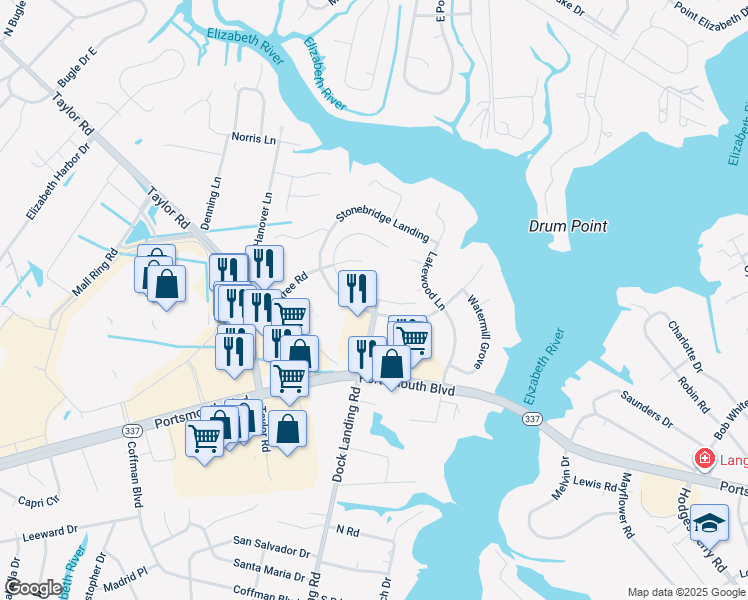 map of restaurants, bars, coffee shops, grocery stores, and more near 2400 Meadows Landing in Chesapeake