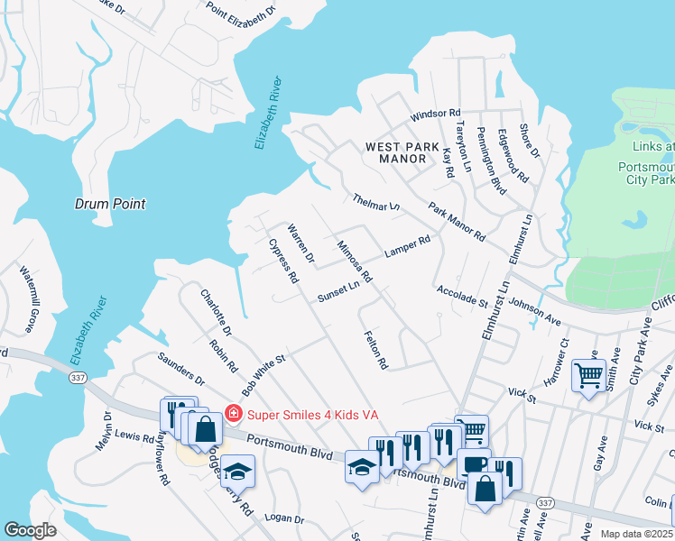 map of restaurants, bars, coffee shops, grocery stores, and more near 600 Mimosa Road in Portsmouth