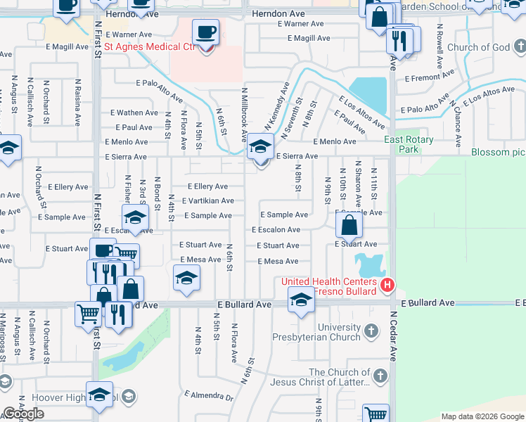 map of restaurants, bars, coffee shops, grocery stores, and more near 1483 East Vartikian Avenue in Fresno