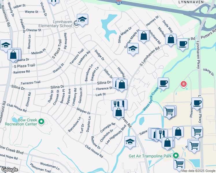 map of restaurants, bars, coffee shops, grocery stores, and more near 3225 Silina Drive in Virginia Beach