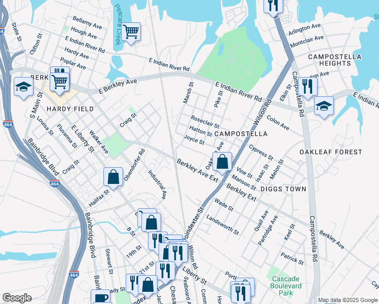 map of restaurants, bars, coffee shops, grocery stores, and more near 901 Joyce Street in Norfolk
