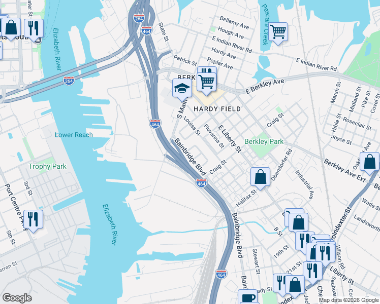 map of restaurants, bars, coffee shops, grocery stores, and more near 1113 Rockingham Street in Norfolk