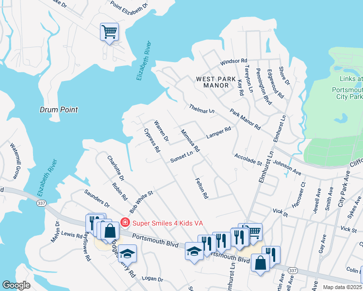 map of restaurants, bars, coffee shops, grocery stores, and more near 600 Mimosa Road in Portsmouth