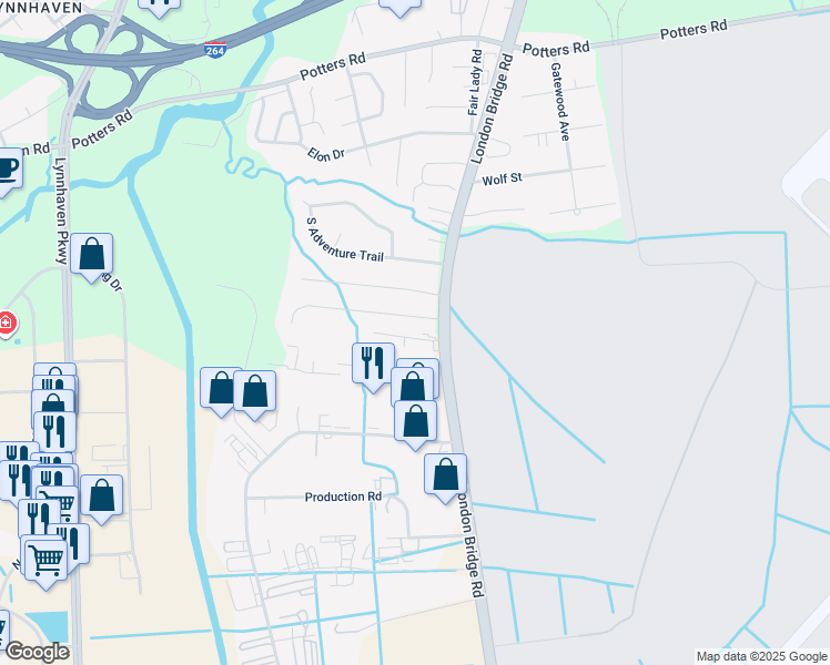 map of restaurants, bars, coffee shops, grocery stores, and more near 489 London Bridge Road in Virginia Beach