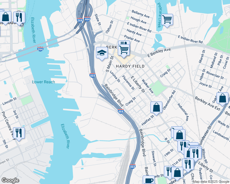 map of restaurants, bars, coffee shops, grocery stores, and more near 1108 Rockingham Street in Norfolk