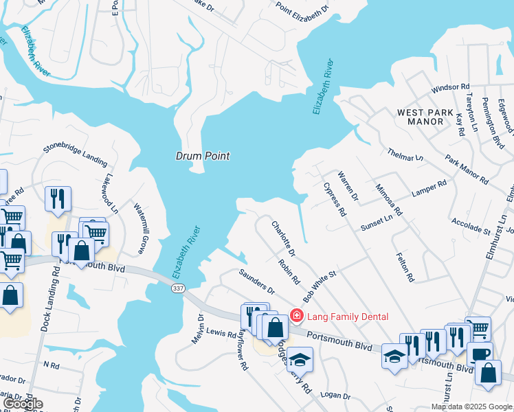 map of restaurants, bars, coffee shops, grocery stores, and more near 448 Robin Road in Portsmouth