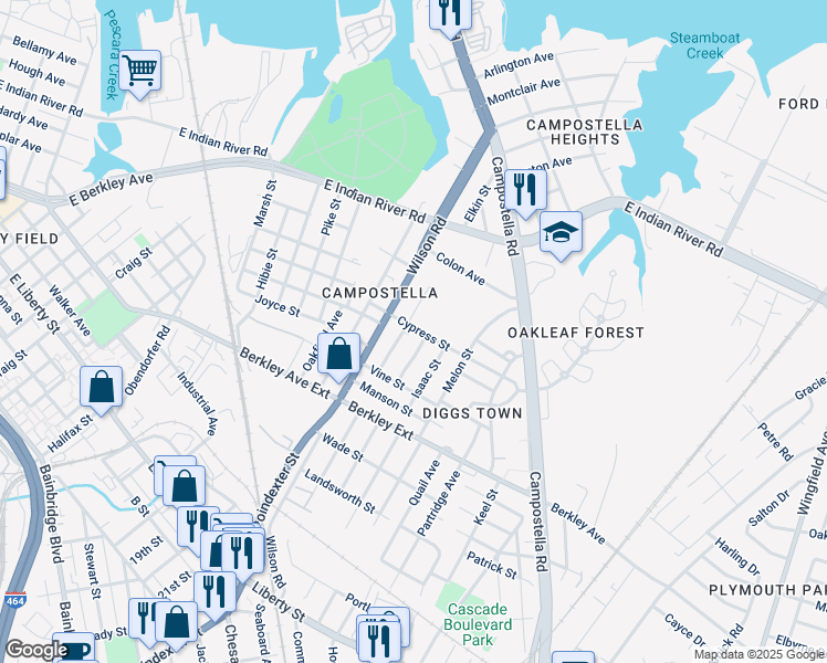 map of restaurants, bars, coffee shops, grocery stores, and more near 1500 Conoga Street in Norfolk