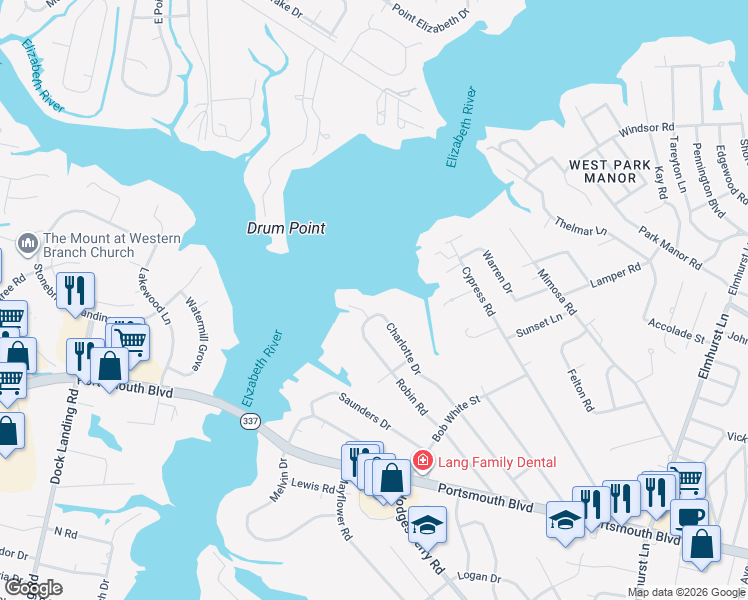 map of restaurants, bars, coffee shops, grocery stores, and more near 419 Charlotte Drive in Portsmouth