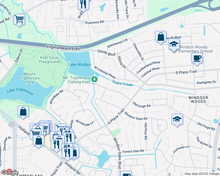 map of restaurants, bars, coffee shops, grocery stores, and more near 3948 Old Forge Road in Virginia Beach