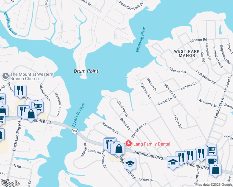 map of restaurants, bars, coffee shops, grocery stores, and more near 419 Charlotte Dr in Portsmouth