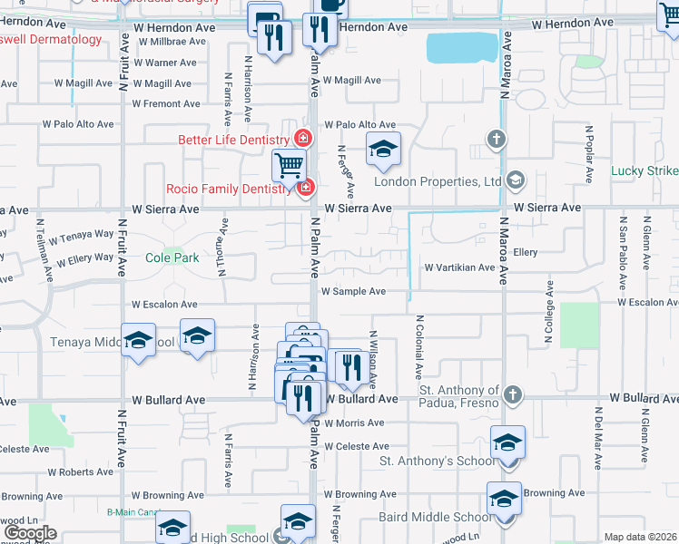 map of restaurants, bars, coffee shops, grocery stores, and more near 6300 North Palm Avenue in Fresno