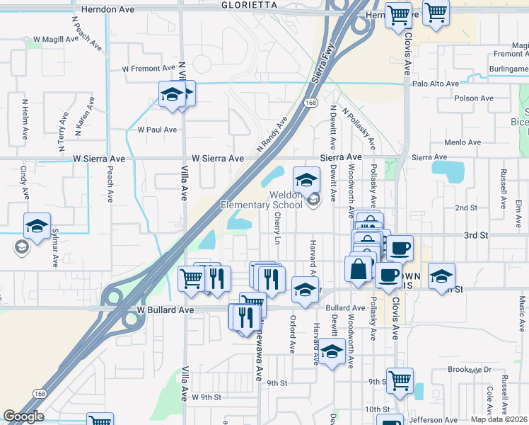 map of restaurants, bars, coffee shops, grocery stores, and more near 235 Minnewawa Avenue in Clovis