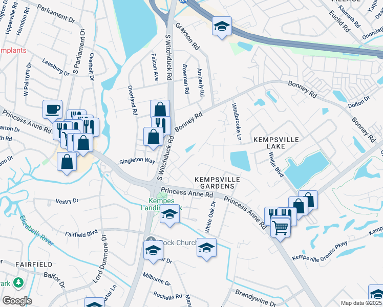 map of restaurants, bars, coffee shops, grocery stores, and more near 277 Mannings Lane in Virginia Beach