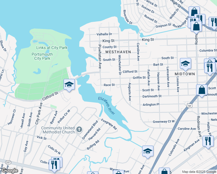 map of restaurants, bars, coffee shops, grocery stores, and more near 1300 Amelia Avenue in Portsmouth