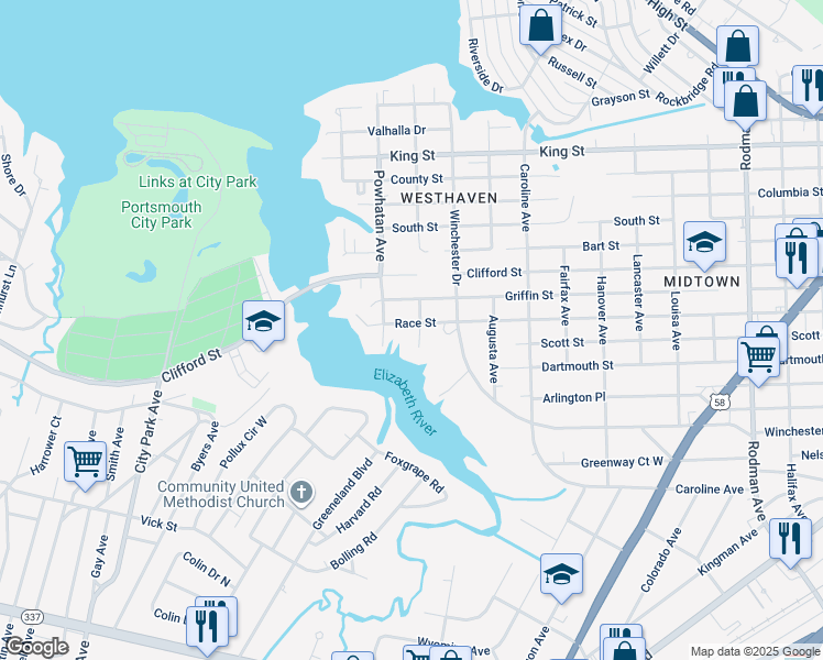 map of restaurants, bars, coffee shops, grocery stores, and more near 1300 Amelia Avenue in Portsmouth