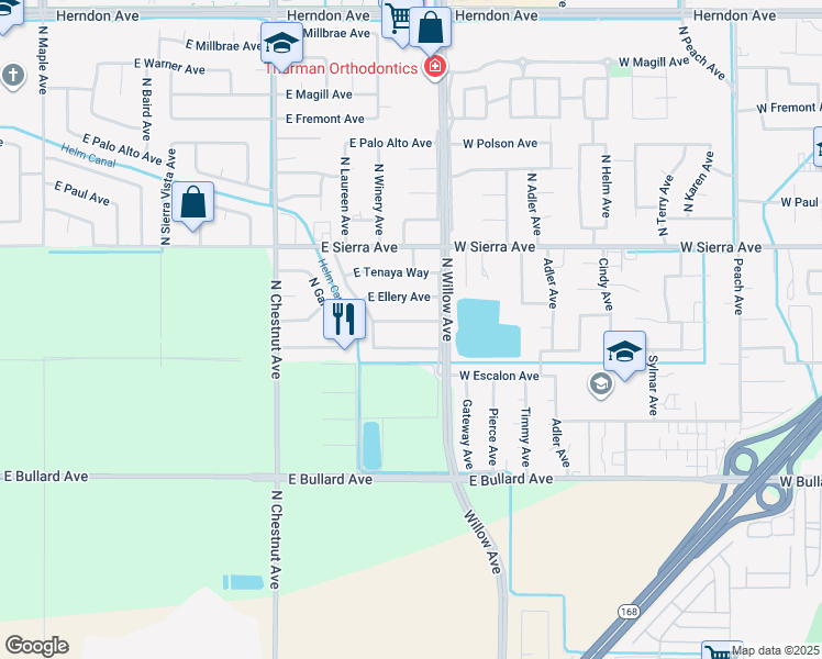 map of restaurants, bars, coffee shops, grocery stores, and more near 3238 East Vartikian Avenue in Fresno