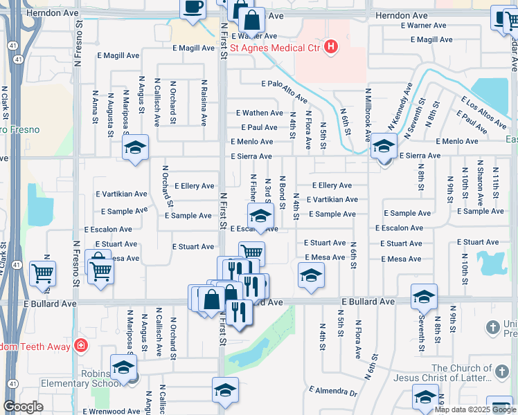 map of restaurants, bars, coffee shops, grocery stores, and more near 1075 East Vartikian Avenue in Fresno