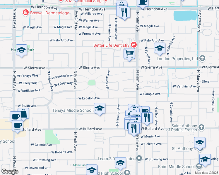 map of restaurants, bars, coffee shops, grocery stores, and more near 1187 West Ellery Way in Fresno